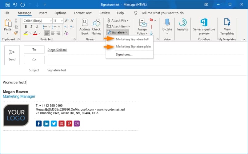 Manage signatures - Add signatures in Outlook (client-side mode) | CodeTwo Email  Signatures for Office 365 User's manual